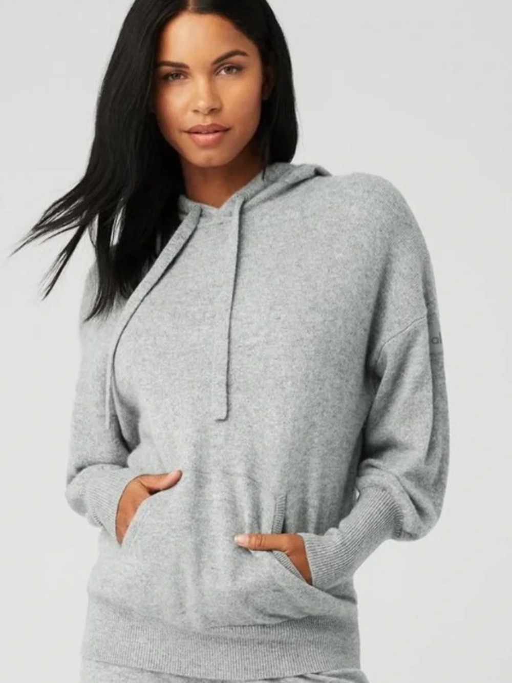 ALO YOGA Cozy Gray Cashmere-Blend Jet Set Hoodie Pullover Sweater Small